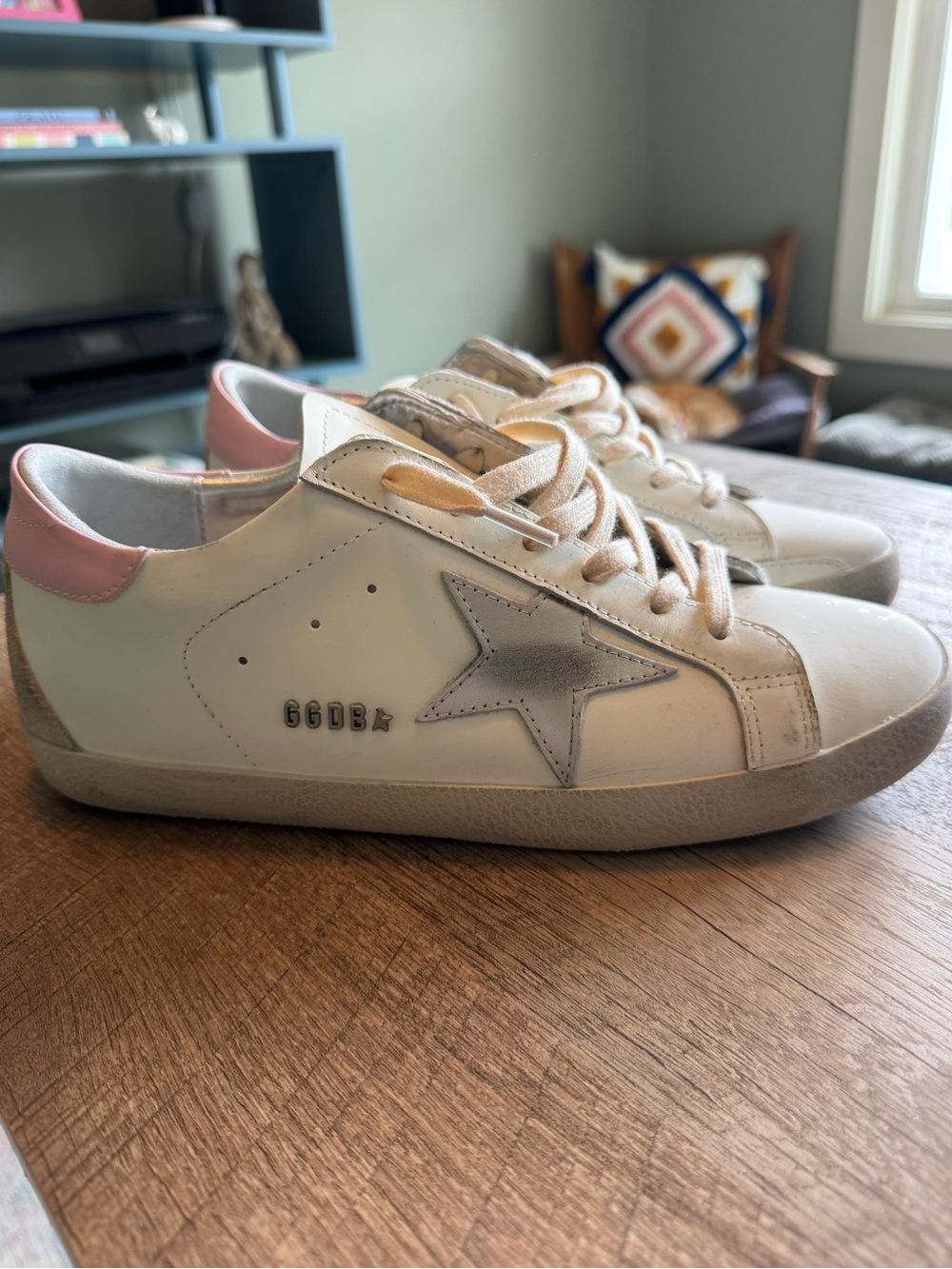 Golden Goose White Leather Superstar Sneakers with Silver Star and Pink Heel